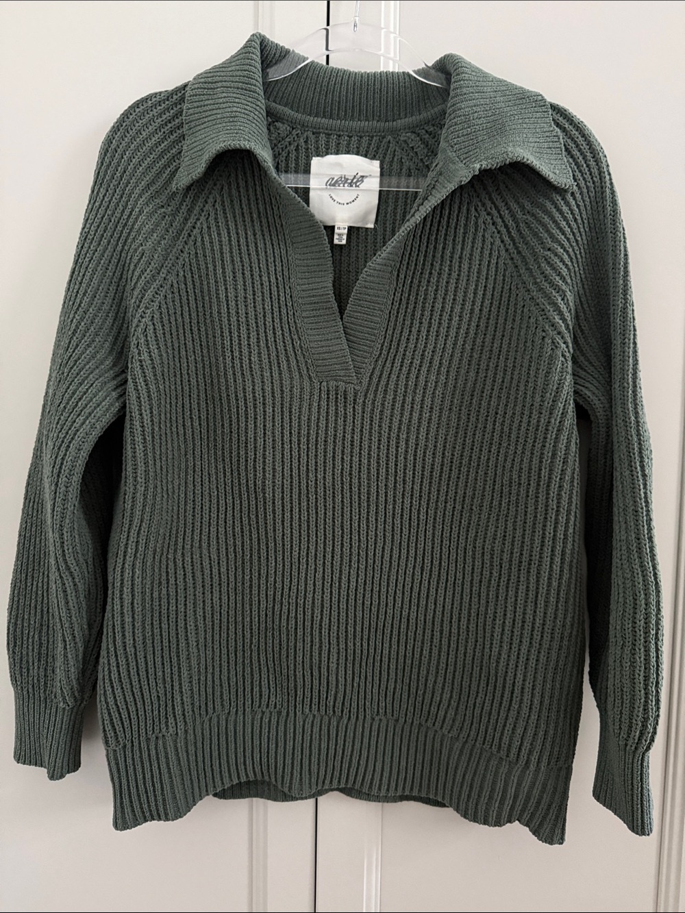 aerie Olive Green Ribbed V-Neck Collared Sweater Size XS